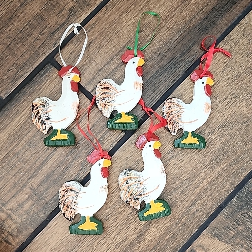 Set of 5 Wooden Hand Painted Chicken Ornaments​​​​